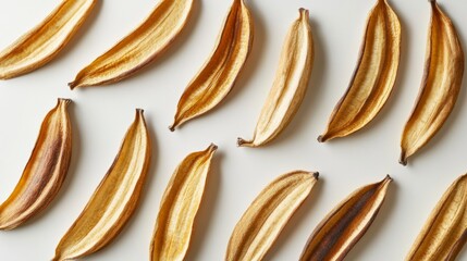 Dried banana peels arranged in a pattern on a white background.