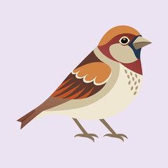Stylized illustration of a sparrow with brown and beige coloring against lilac