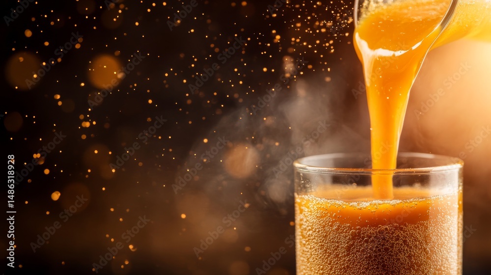 Poster Golden caramel flows smoothly into a jar, creating bubbles and steam in a warm, inviting atmosphere, perfect for capturing sweet moments