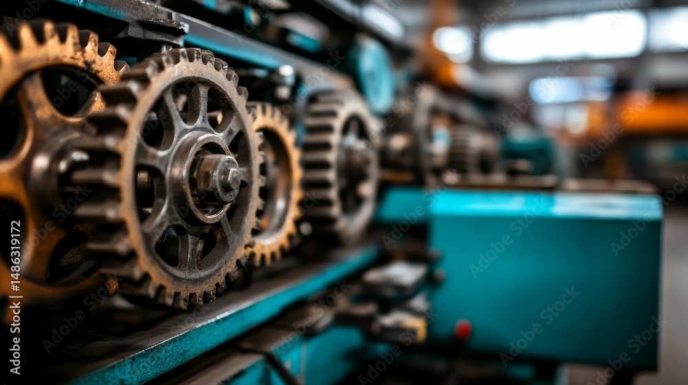 Poster detailed view of tightly interlocking gears in an industrial machine reveals the intricate design an