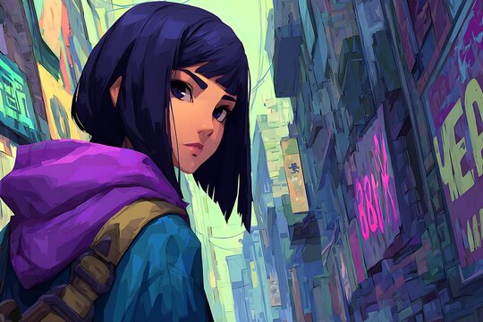 Anime girl in futuristic city street