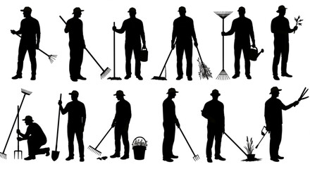Naklejka premium Set of vector silhouette of men with gardens tools on white background. 