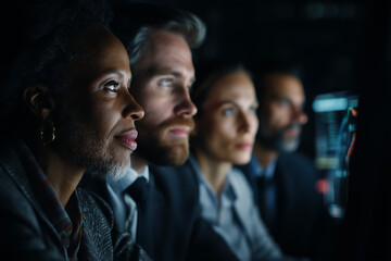 Diverse team analyzing data on screen at night