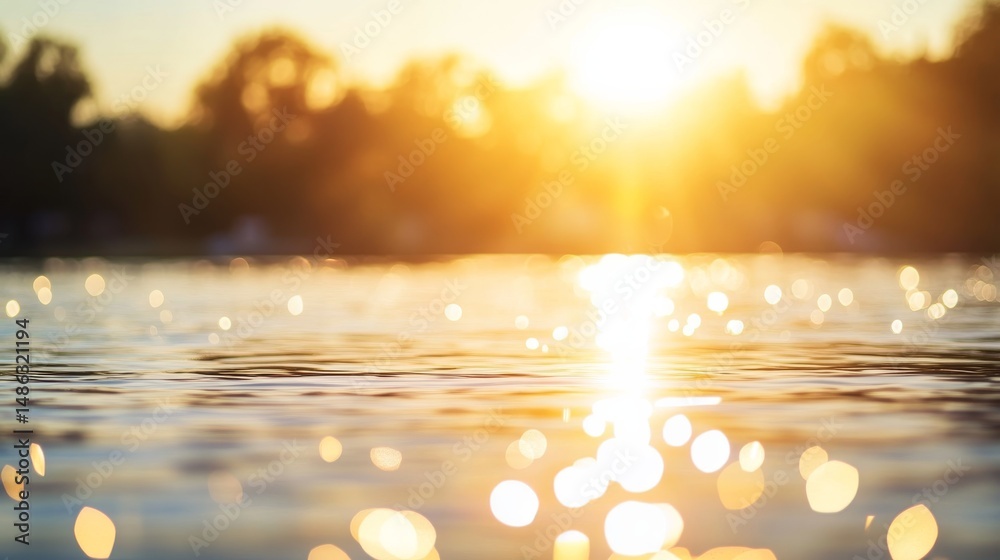 Fototapete Sunlight bounces off the tranquil surface of a lake, creating sparkling reflections while a soft-focus forest offers a serene backdrop at dusk