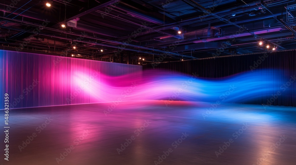 Poster neon blue and pink light trails swirl energetically through a dark, modern environment, evoking a th