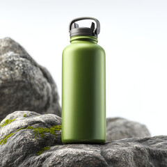 Olive Green Water Bottle on Rocks Nature Outdoors
