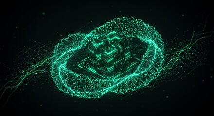 Luminous digital cube surrounded by swirling energy on a dark backdrop