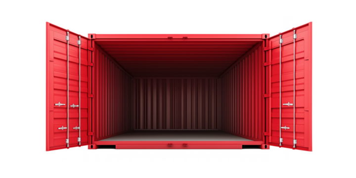 Empty red shipping container with open doors showcasing interior space, isolated on transparent background, png