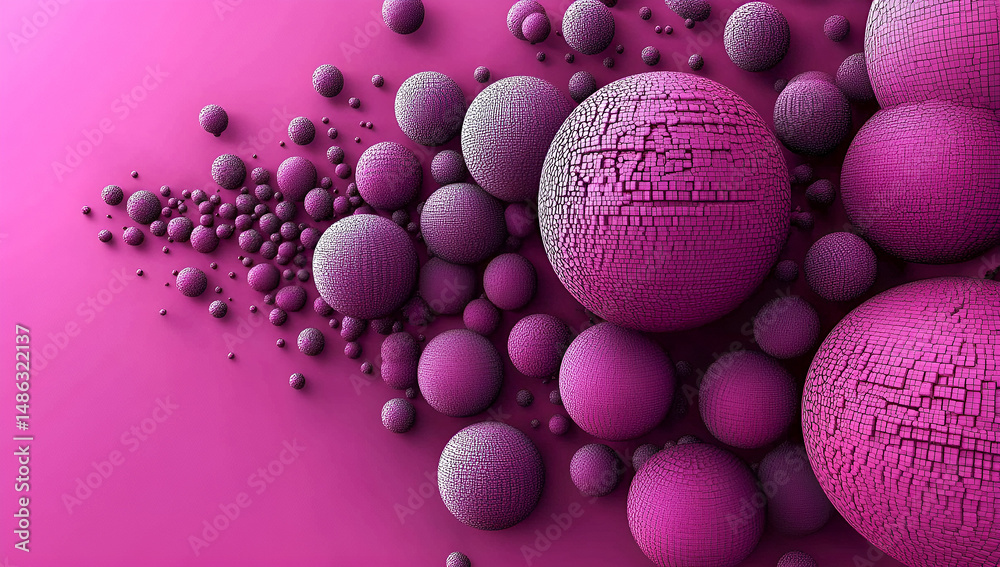Poster abstract 3d illustration featuring an array of textured spherical shapes in various sizes arranged d