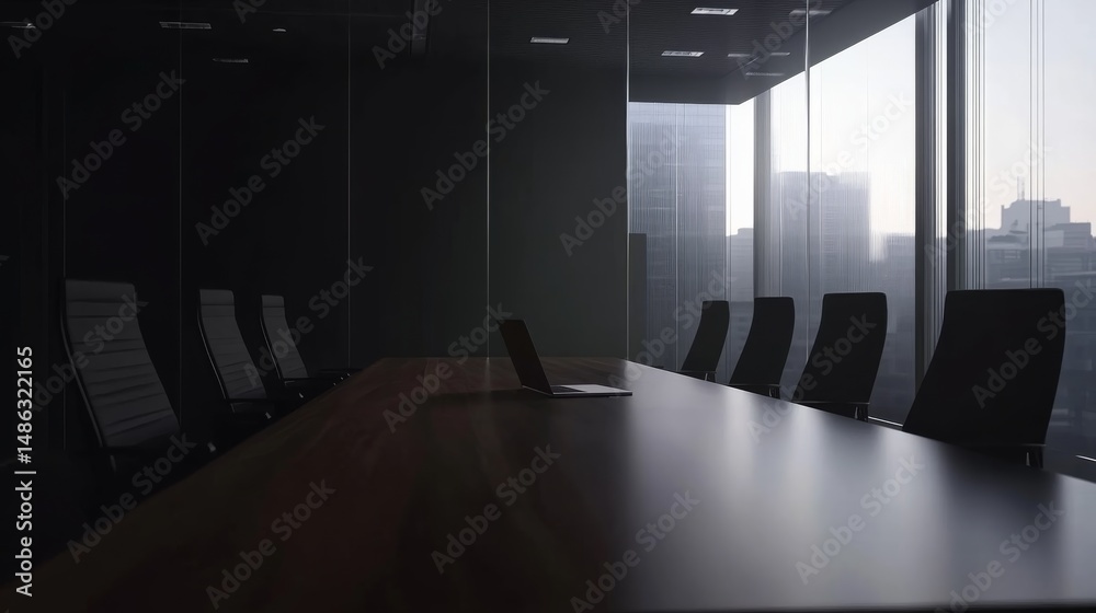 Poster a minimalist workspace showcases a sleek wooden desk and black chairs, illuminated by soft natural l