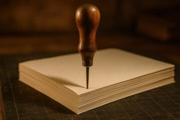 Bookbinding Tool and Paper: Intimate capture of the tools of bookmaking, a sturdy awl poised over a stack of pristine paper, setting the scene for craftsmanship and detail.
