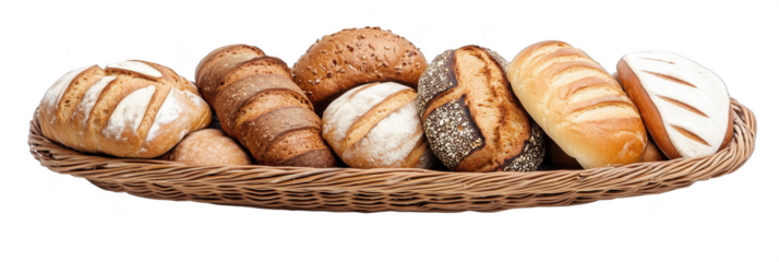 Assorted Fresh Breads in Woven Basket Including Loaves and Rolls, isolated on transparent background, png