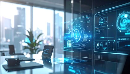 Futuristic office with a holographic display overlayed a cityscape view