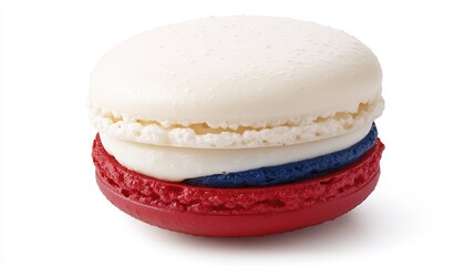 Fototapeta premium Macaron displays red, white, and blue layers, resembling the French flag colors, against a plain white backdrop.