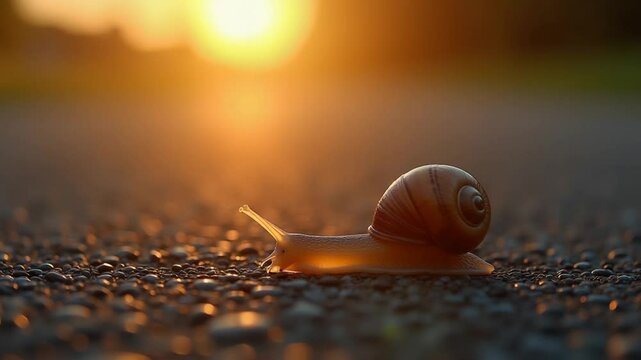 Snail sliding slowly on the asphalt at sunset