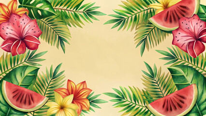 Brightly colored tropical flowers and fruits arranged around an empty space