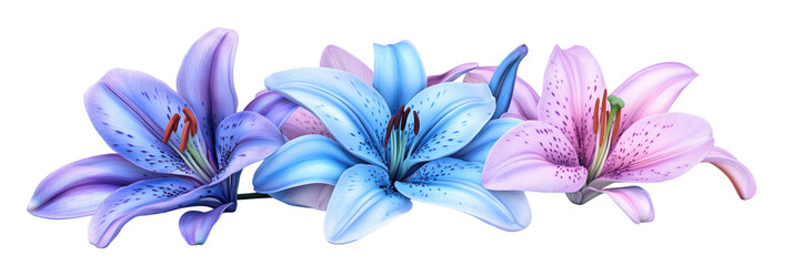 Colorful lilies in shades of blue, purple, and pink arranged beautifully, isolated on transparent background, png