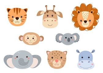 Set of cute cartoon animal heads. African, jungle animals on white background. Vector illustration.