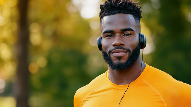 Man smiles wearing headphones and an orange shirt outdoors with diffused natural lighting.