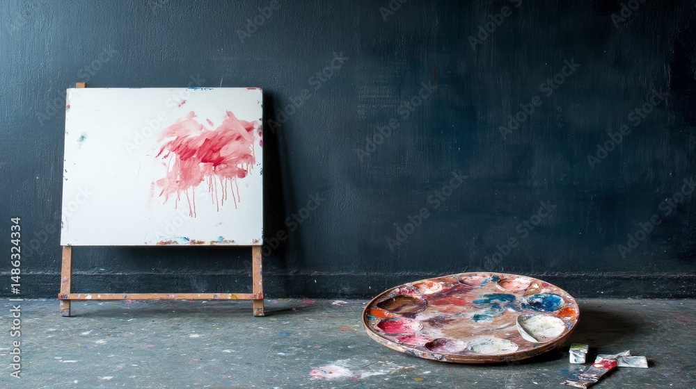 Aufkleber a well-used artist palette filled with vibrant paint sits next to a canvas displaying intricate blue