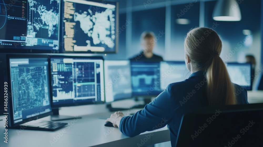 Poster Operators in a modern command center analyze real-time data and global satellite imagery on multiple screens, working efficiently to manage operations