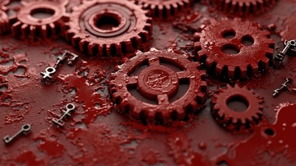 Close-up view of many gears coated in crimson paint.