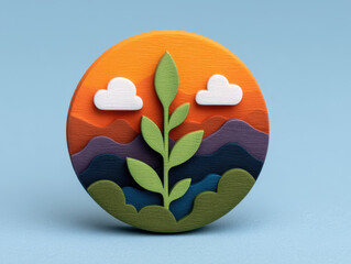 Image features round, colorful wooden badge with nature inspired design, including green plant, clouds, and layered mountains