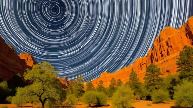 vr 360 camera hyperlapse star trails over sandstone canyon walls and trees.
