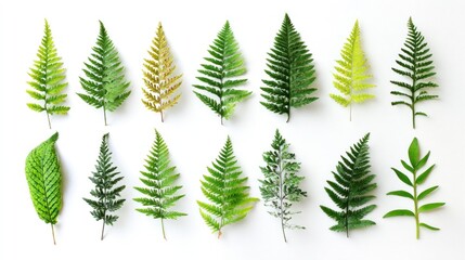Fototapeta premium Assorted fern and leaf specimens arranged on a white background