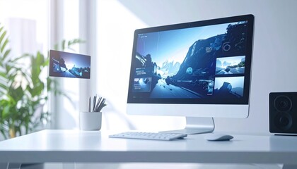 Desktop computer displays video editing software interface in bright, modern workspace