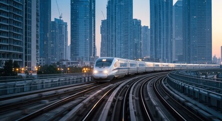 A train travels on tracks in a city with tall buildings.