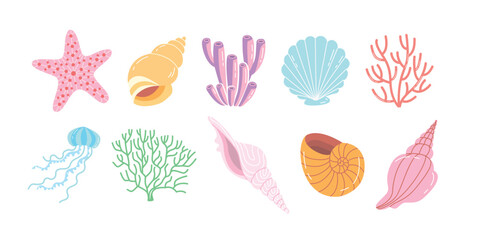 Cute sea animals and shells in cartoon style. Bright marine clipart with coral, starfish and jellyfish. Perfect for kids design and summer decor.