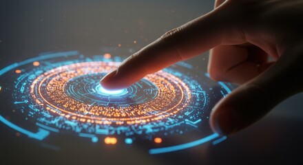Finger touching a glowing futuristic interface with circular patterns and blue light.