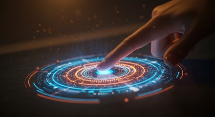 Finger touching glowing futuristic interface with circular design and orange blue colors.