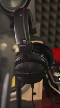 Close-up of a studio setup featuring a speaker, headphones, and a blurred sound mixer in the background. emphasizing the tools of sound production with a focus on the speaker and headphones