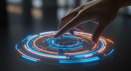 Hand interacts with a glowing circular interface on a dark reflective surface.