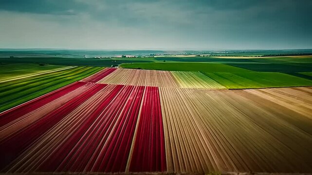 Aerial view of vibrant striped fields showcasing red and green crops under a cloudy sky