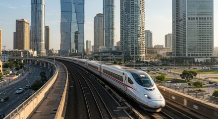 Fototapeta premium High speed train moves through a city with tall buildings in the background.
