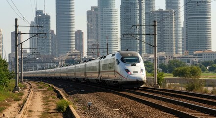 Naklejka premium High speed train moves on tracks with city buildings in background.