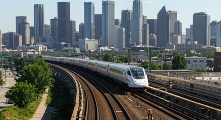 Fototapeta premium Train travels on tracks with a city skyline in the background.