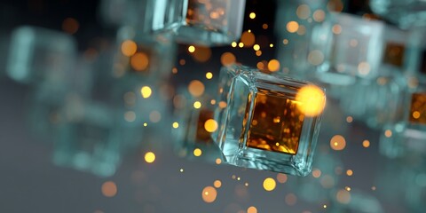 Floating translucent cubes reflect golden light, symbolizing innovation online