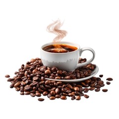 Fototapeta premium Coffee cup with steam and beans isolated on white background