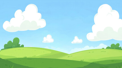 Animated sunny day with fluffy clouds, green hills, and vibrant blue sky