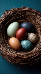 Fototapeta premium Peaceful colorful eggs nestled in natural bird nest