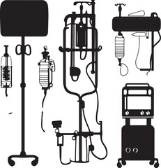 Naklejka premium Silhouette Medical Equipment: IV Drips, Stands, and Machines