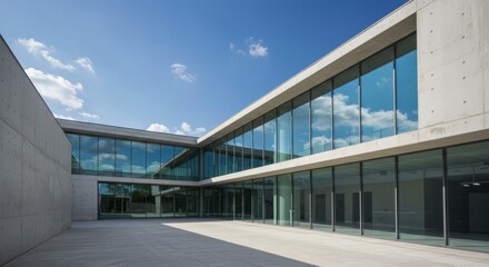 Modern building exterior with large glass windows and concrete walls under a blue sky.