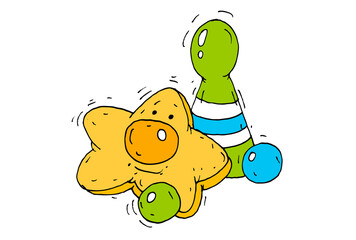 Adorable cartoon-style illustration of a star-shaped baby rattle and bowling pin toy. Perfect for baby product design, early learning games, nursery posters, and baby shower invitations