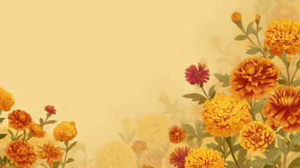 Digital painting of vibrant orange and red marigold flowers on a yellow background