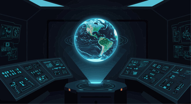 Vector Art Design of futuristic control room with Earth hologram  