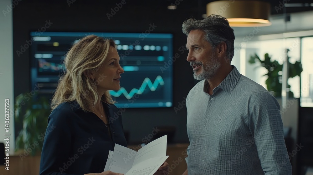 Aufkleber Two business executives are discussing key documents in a sleek high-tech boardroom while a digital display highlights various graphs and charts